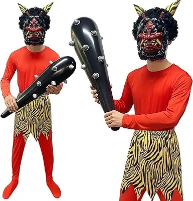 [DECEED] 節分 鬼コスプレ 鬼 着ぐるみ 衣装 なまはげのお面 7点セット 全身タイツ 虎腰巻き こん棒 コスチューム 赤鬼 仮面 青鬼 マスク ナマハゲ 仮装 豆まき オニ退治
